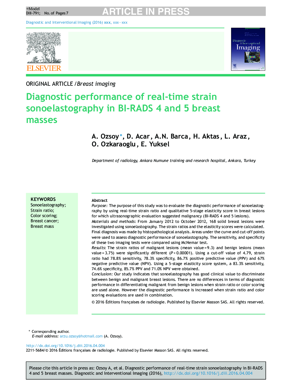 Diagnostic performance of real-time strain sonoelastography in BI-RADS 4 and 5 breast masses