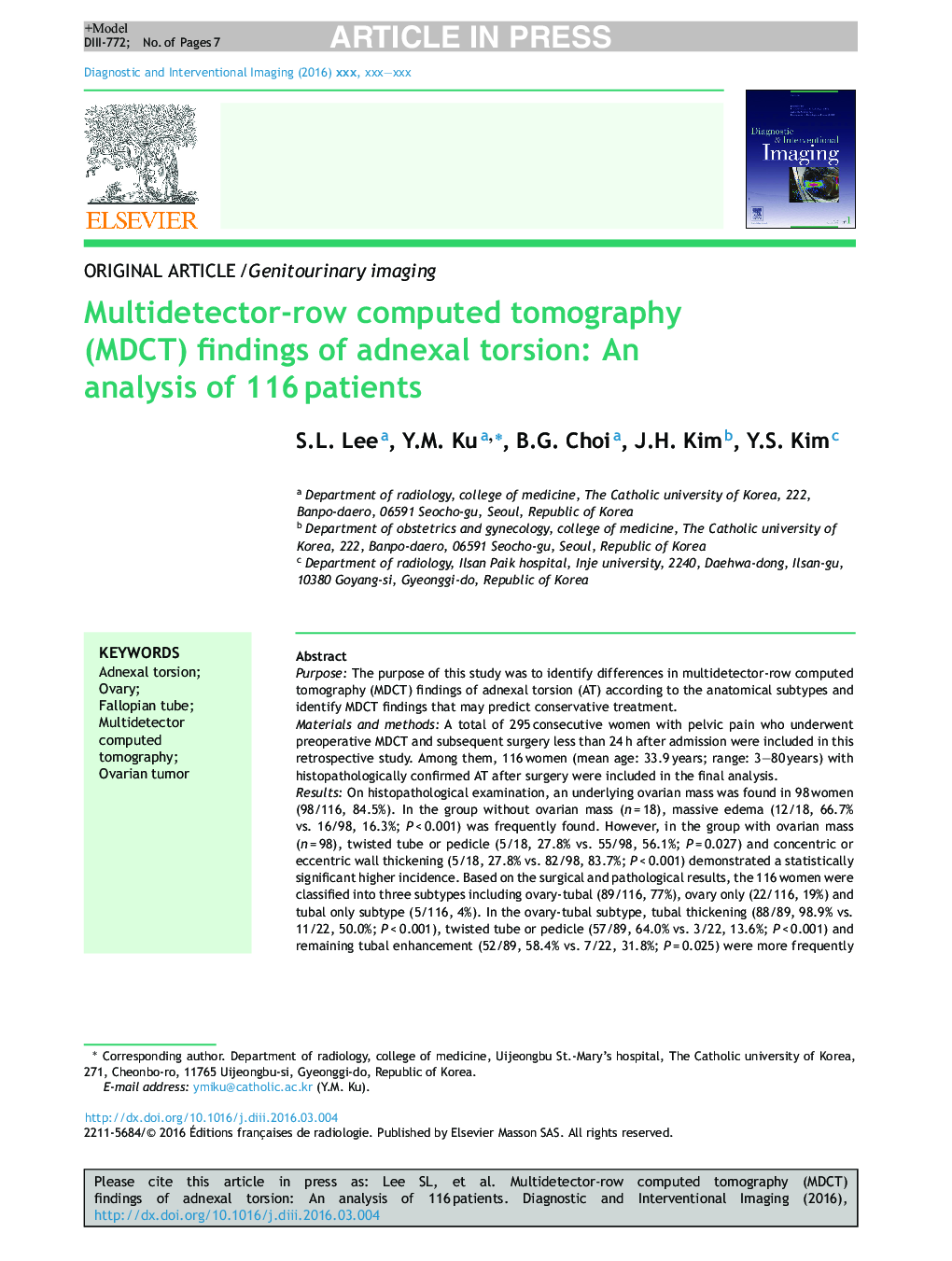 Multidetector-row computed tomography (MDCT) findings of adnexal torsion: An analysis of 116Â patients