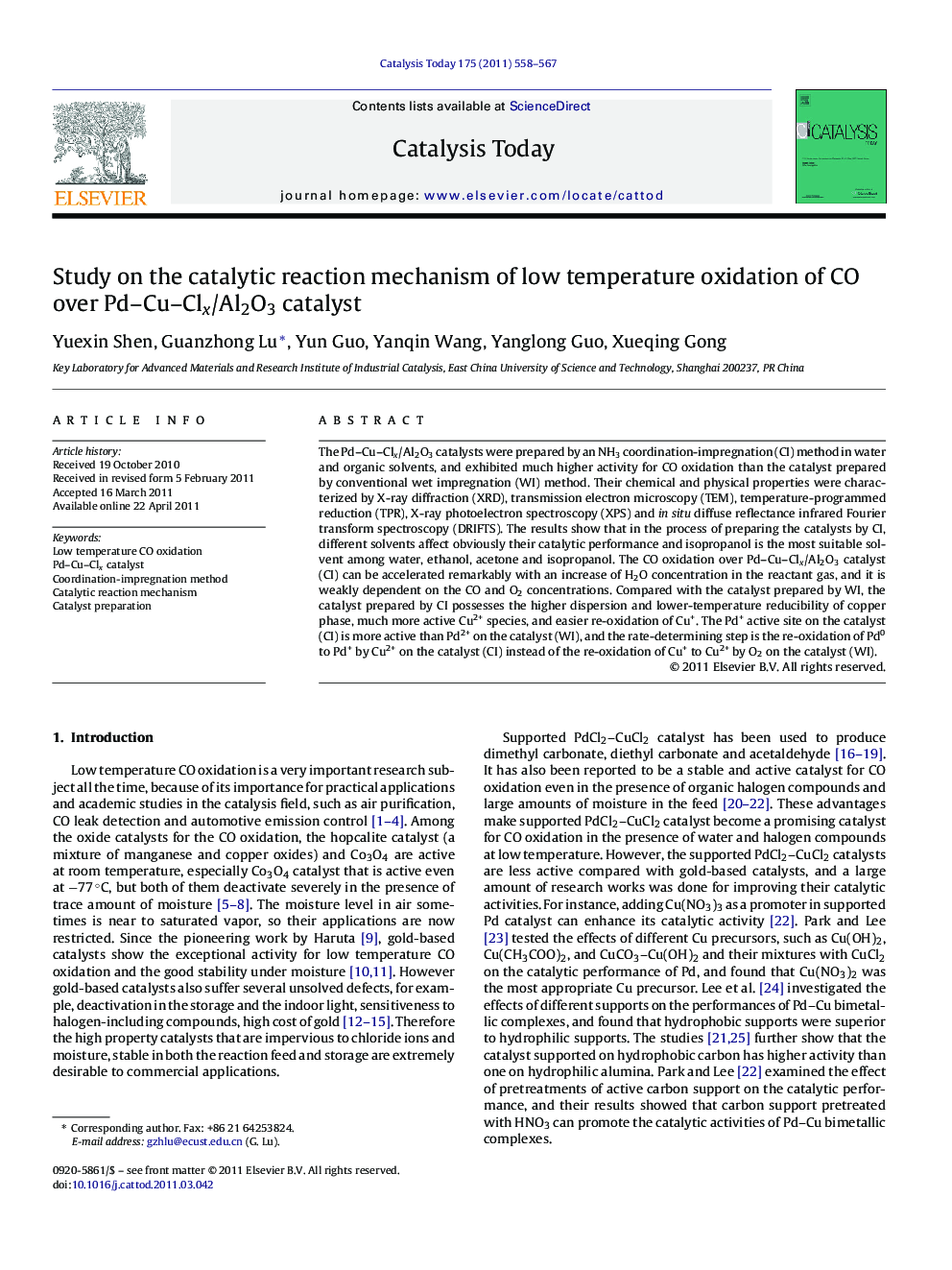 Study on the catalytic reaction mechanism of low temperature oxidation of CO over Pd–Cu–Clx/Al2O3 catalyst