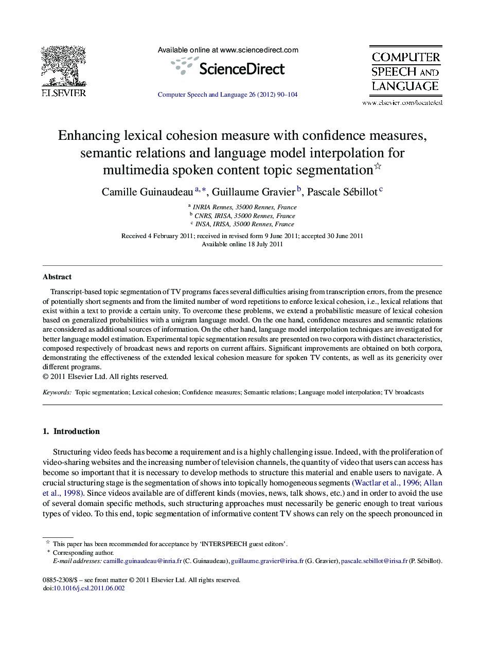 Enhancing lexical cohesion measure with confidence measures, semantic relations and language model interpolation for multimedia spoken content topic segmentation 