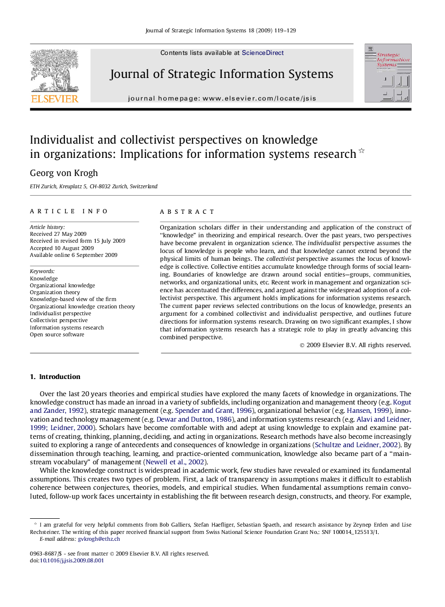 Individualist and collectivist perspectives on knowledge in organizations: Implications for information systems research 