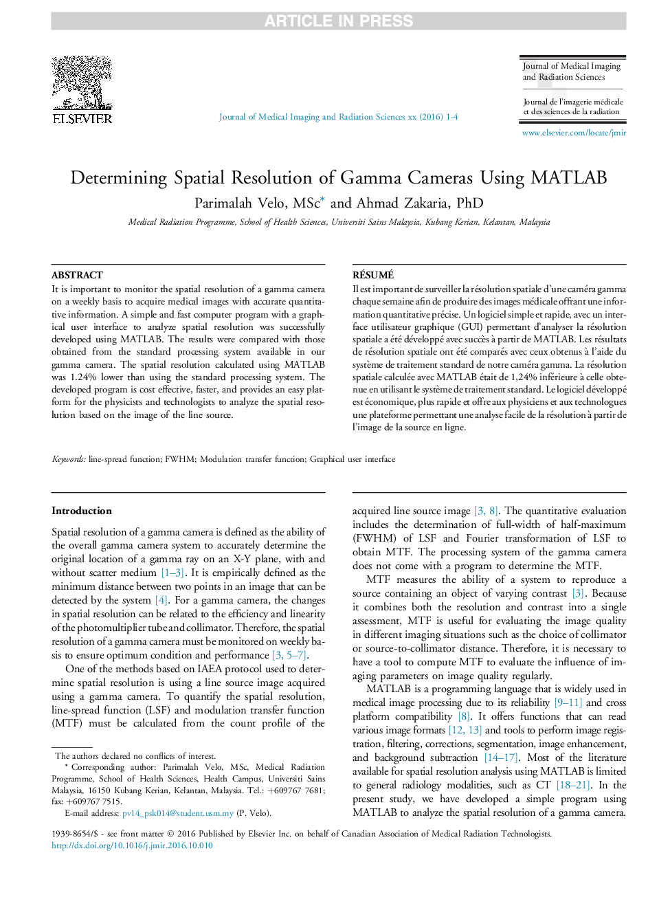 Determining Spatial Resolution of Gamma Cameras Using MATLAB