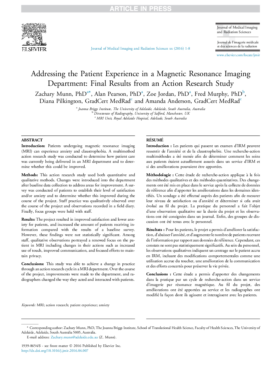 پاسخگویی به تجربه بیمار در یک بخش تصویربرداری رزونانس مغناطیسی: نتایج نهایی یک مطالعه تحقیقاتی اقدام 