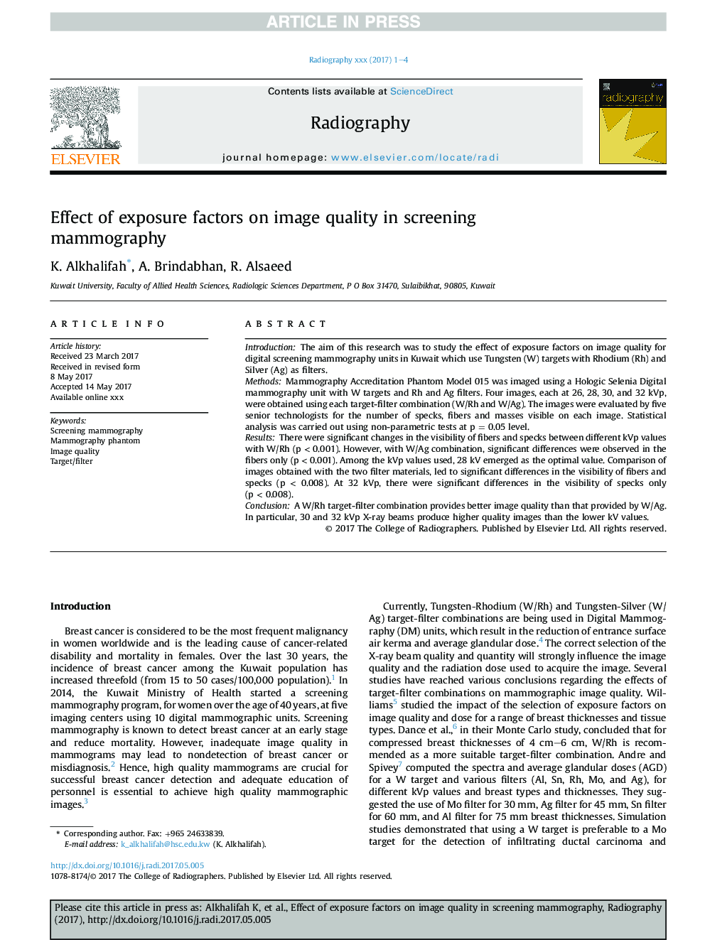 Effect of exposure factors on image quality in screening mammography