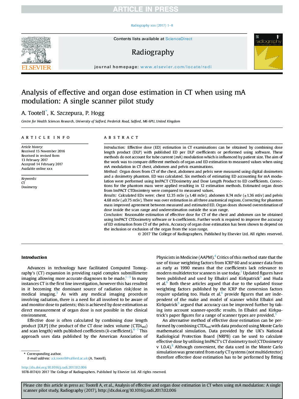 Analysis of effective and organ dose estimation in CT when using mA modulation: A single scanner pilot study