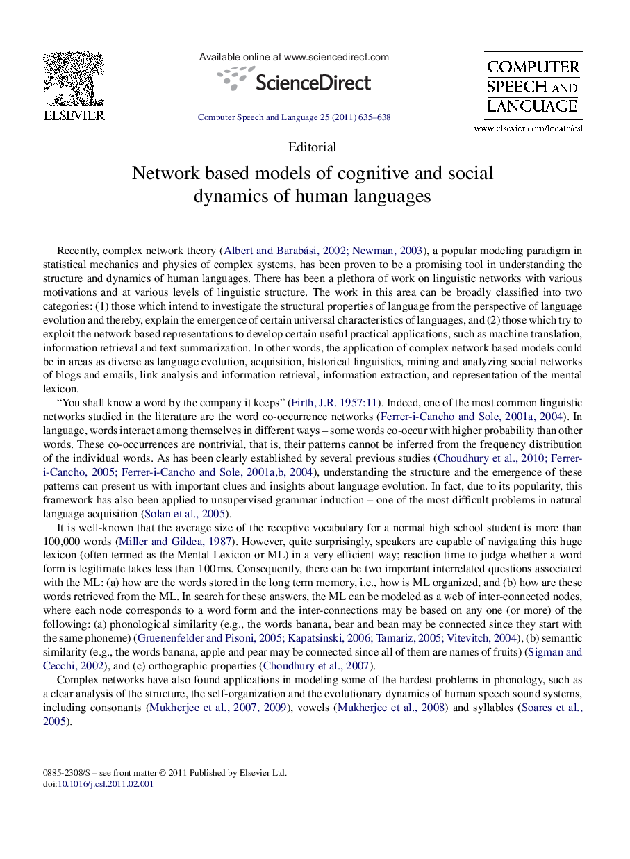 Network based models of cognitive and social dynamics of human languages