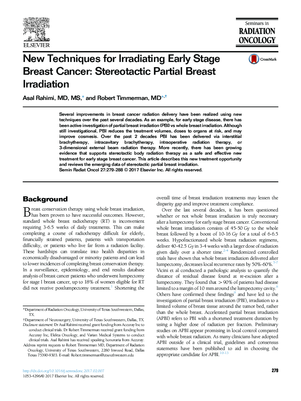 New Techniques for Irradiating Early Stage Breast Cancer: Stereotactic Partial Breast Irradiation