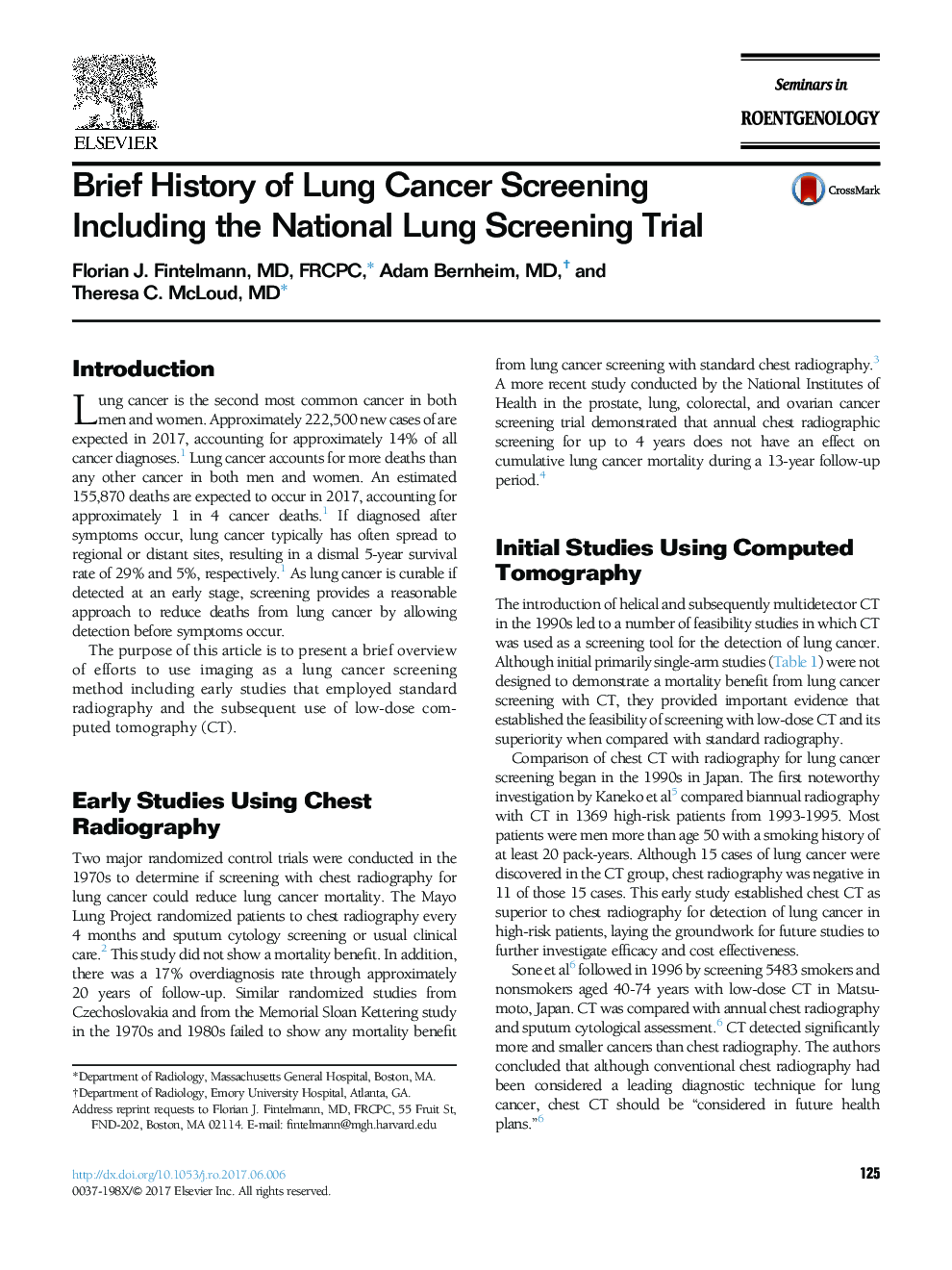Brief History of Lung Cancer Screening Including the National Lung Screening Trial