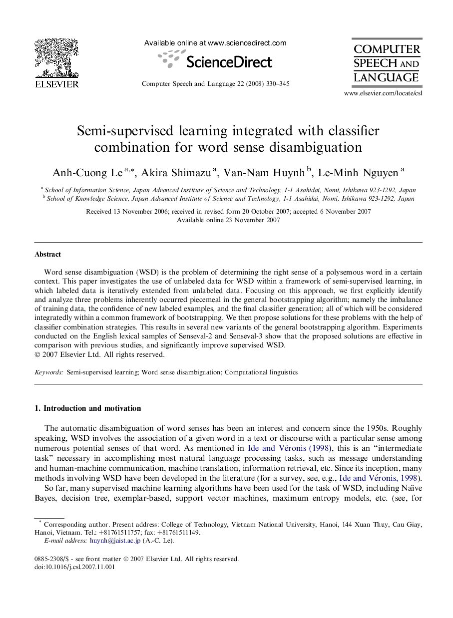 Semi-supervised learning integrated with classifier combination for word sense disambiguation