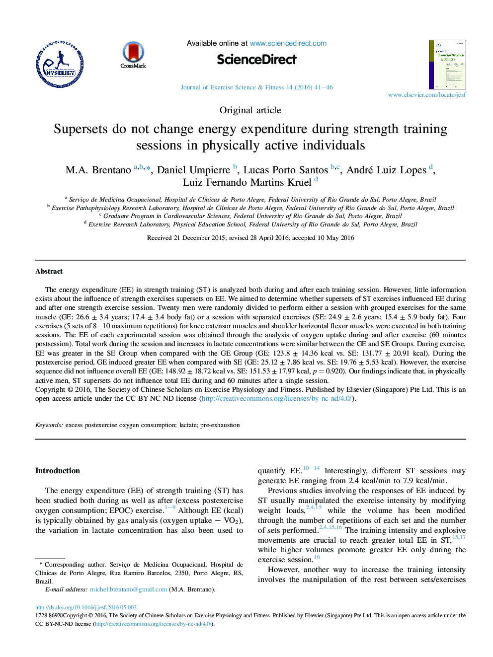 Supersets do not change energy expenditure during strength training sessions in physically active individuals