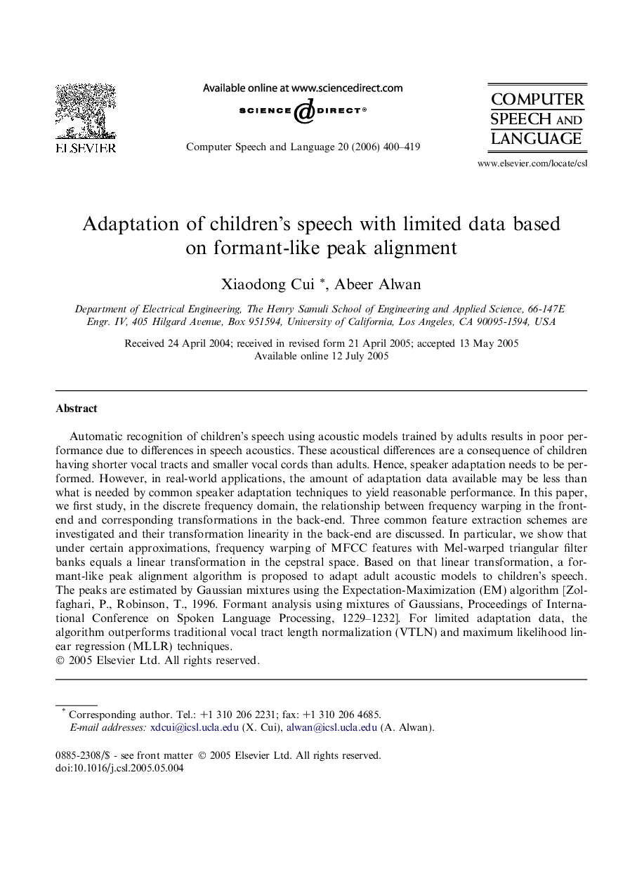 Adaptation of children’s speech with limited data based on formant-like peak alignment