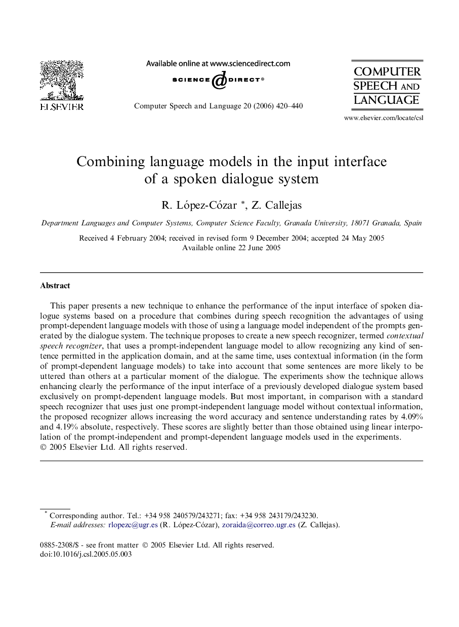 Combining language models in the input interface of a spoken dialogue system