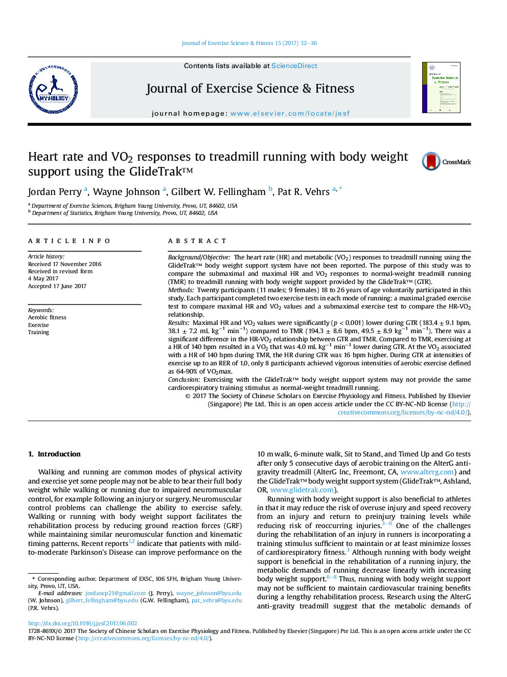 Heart rate and VO2 responses to treadmill running with body weight support using the GlideTrakâ¢