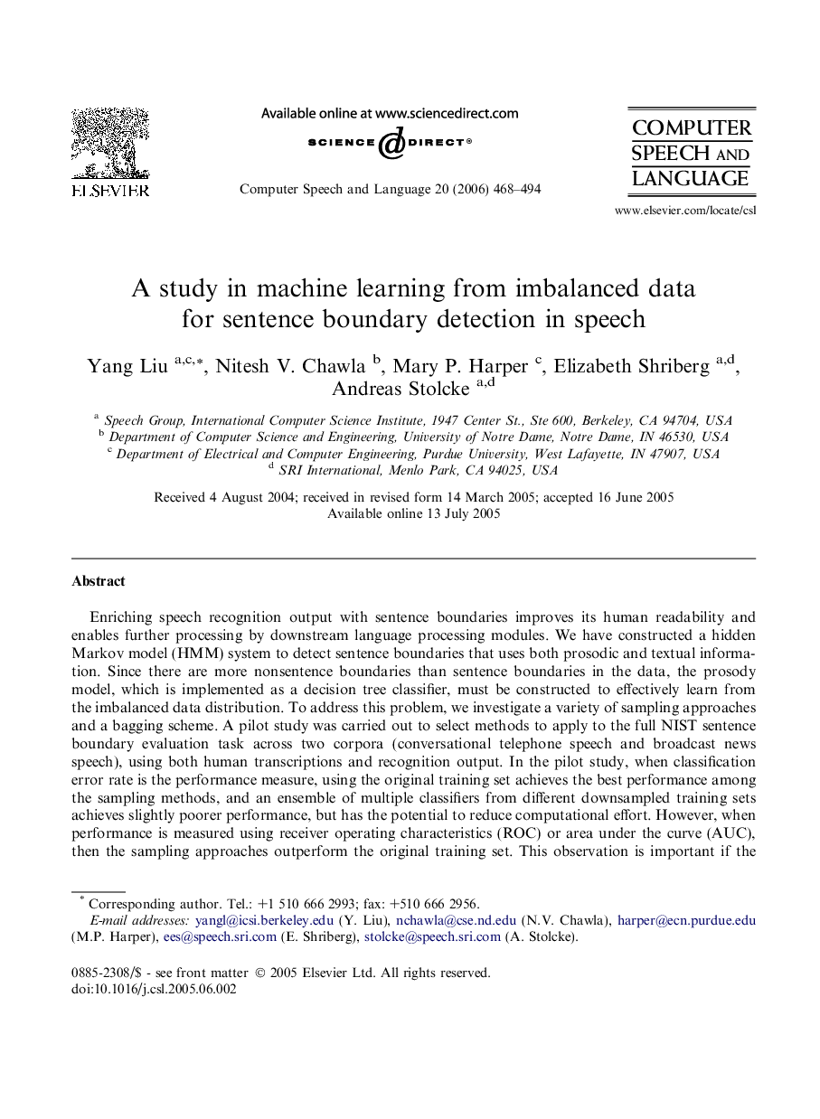 A study in machine learning from imbalanced data for sentence boundary detection in speech