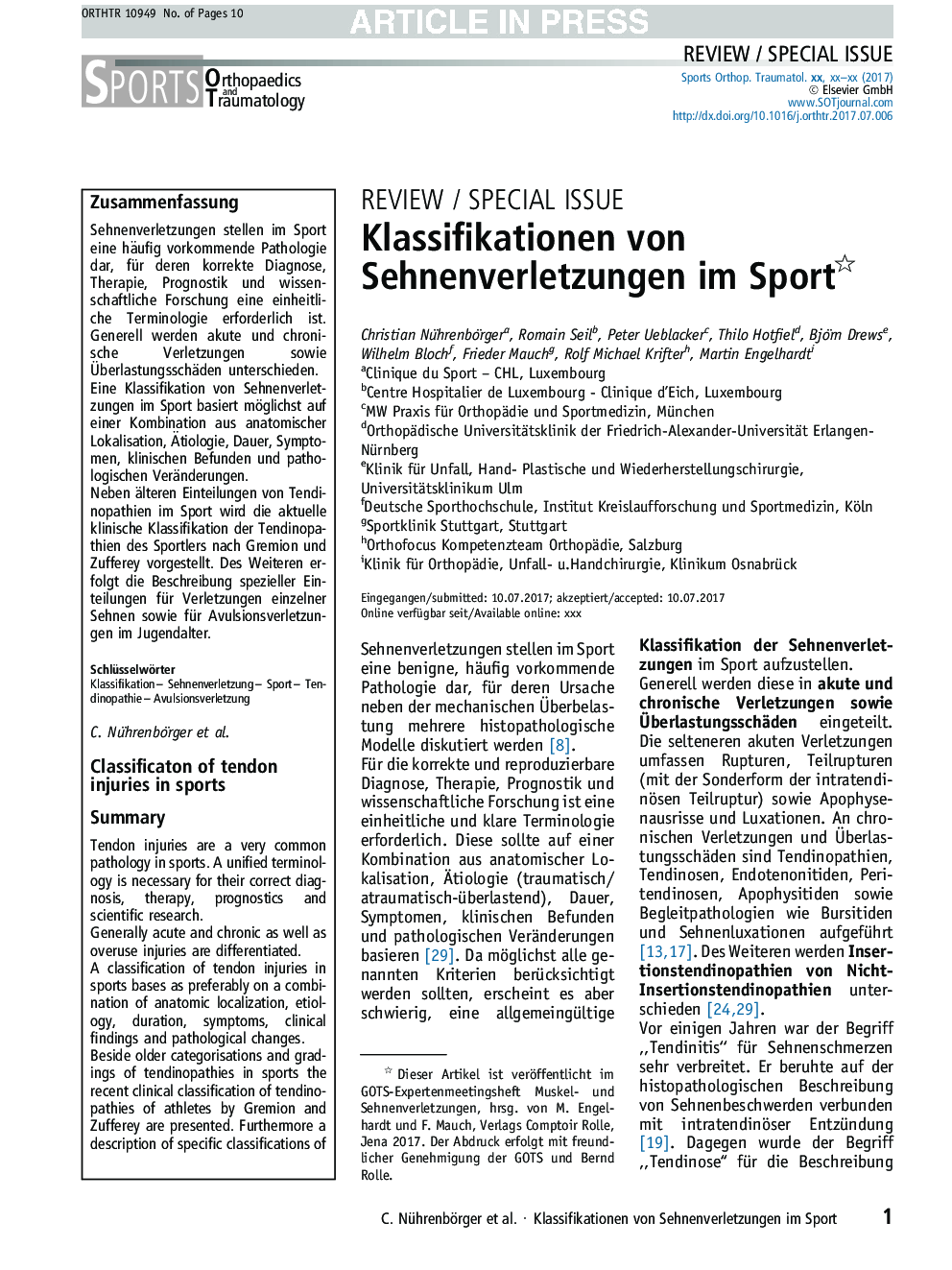 Klassifikationen von Sehnenverletzungen im Sport