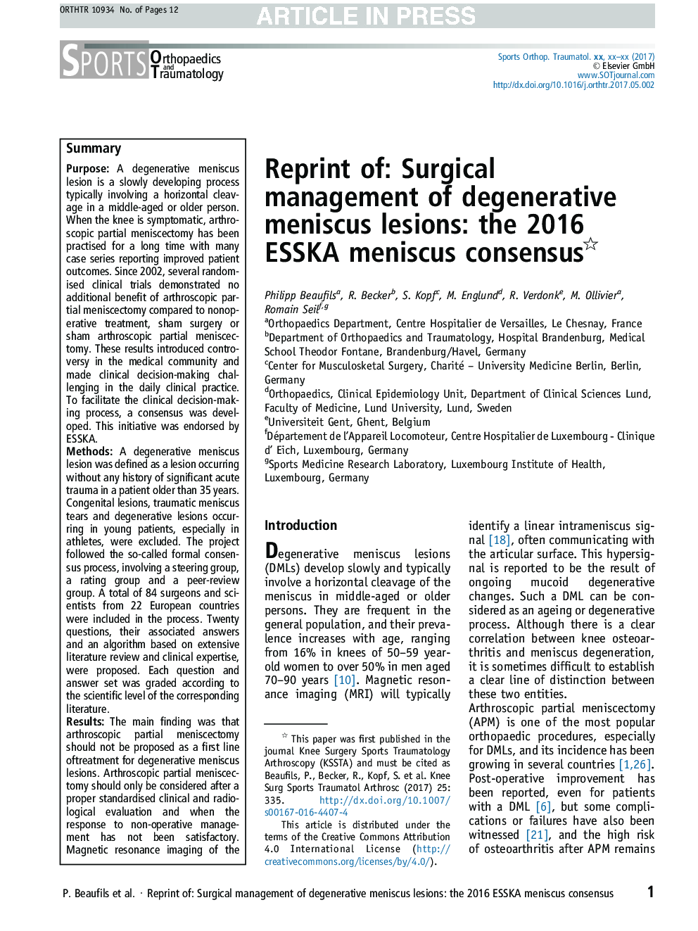 Surgical management of degenerative meniscus lesions: the 2016 ESSKA meniscus consensus