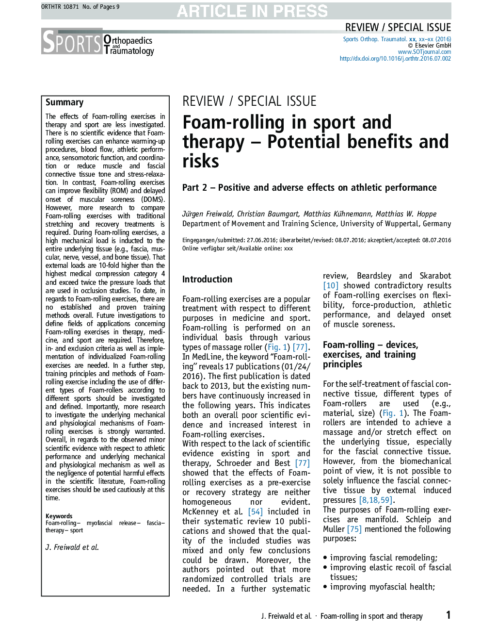 Foam-Rolling in sport and therapy - Potential benefits and risks