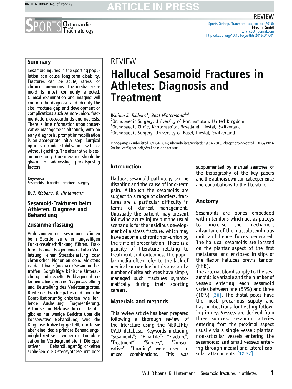 Hallucal Sesamoid Fractures in Athletes: Diagnosis and Treatment
