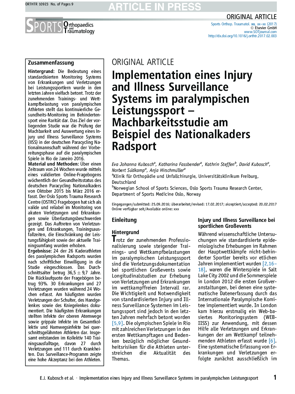 Implementation eines Injury and Illness Surveillance Systems im paralympischen Leistungssport - Machbarkeitsstudie am Beispiel des Nationalkaders Radsport