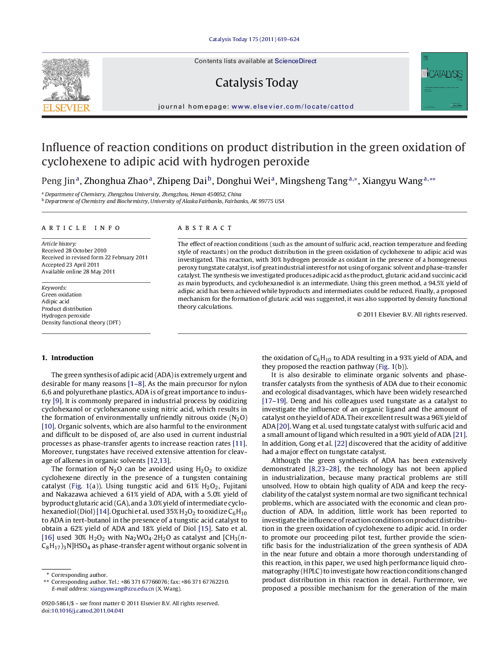 Influence of reaction conditions on product distribution in the green oxidation of cyclohexene to adipic acid with hydrogen peroxide