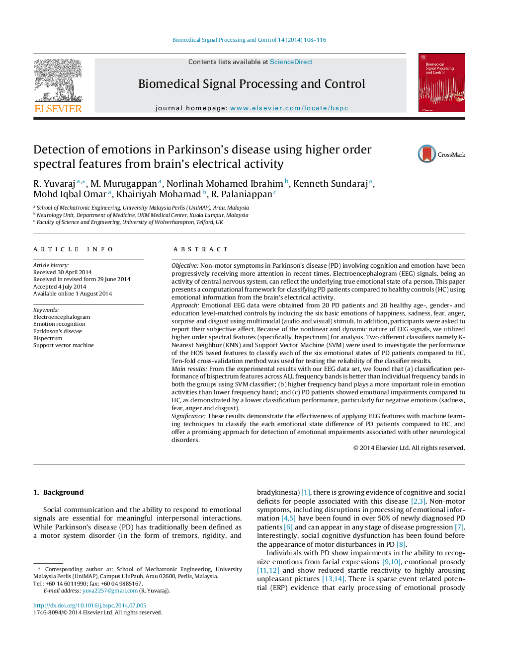 Detection of emotions in Parkinson's disease using higher order spectral features from brain's electrical activity