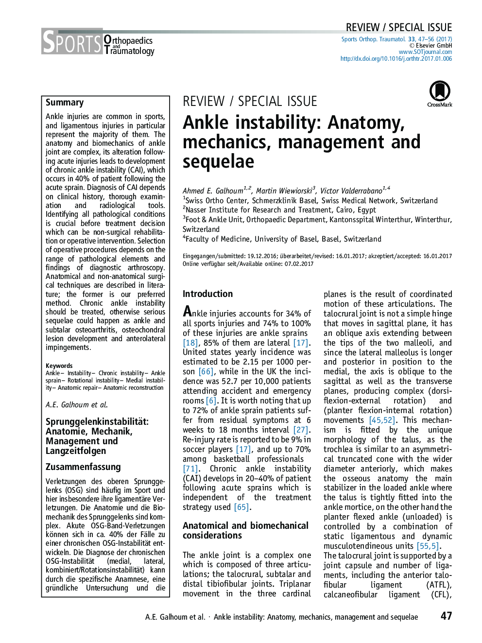 Ankle instability: Anatomy, mechanics, management and sequelae