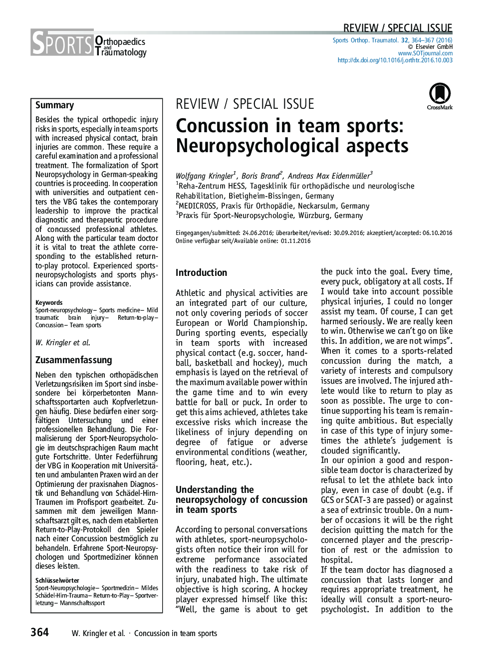 Concussion in team sports: Neuropsychological aspects