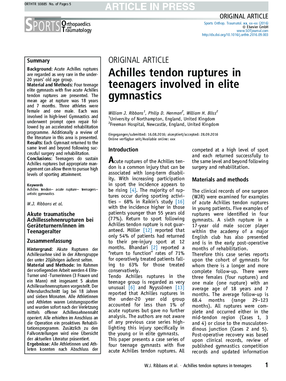 Achilles tendon ruptures in teenagers involved in elite gymnastics