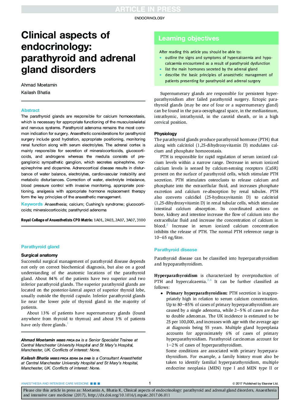 Clinical aspects of endocrinology: parathyroid and adrenal gland disorders