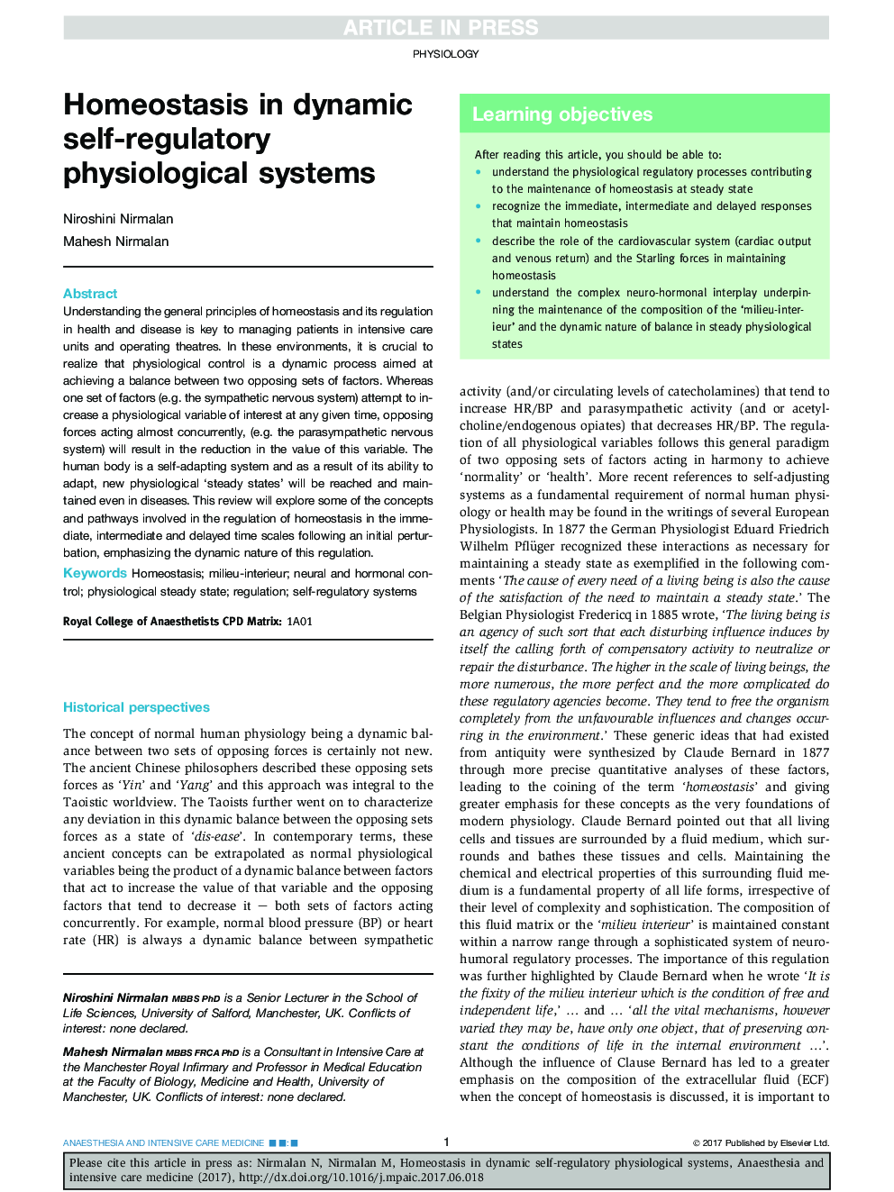 Homeostasis in dynamic self-regulatory physiological systems