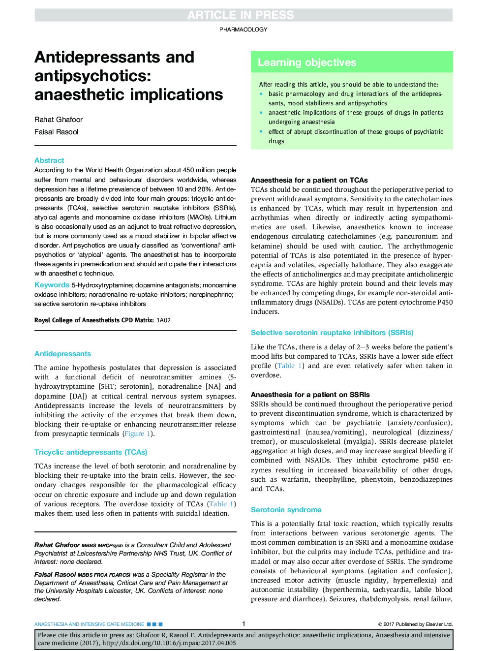 Antidepressants and antipsychotics: anaesthetic implications