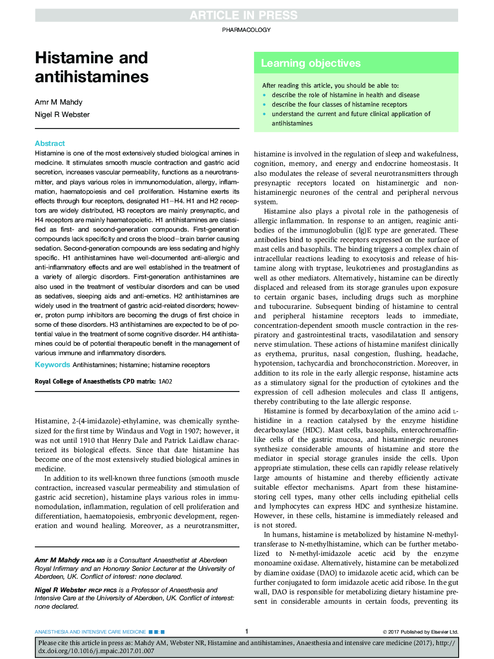 Histamine and antihistamines