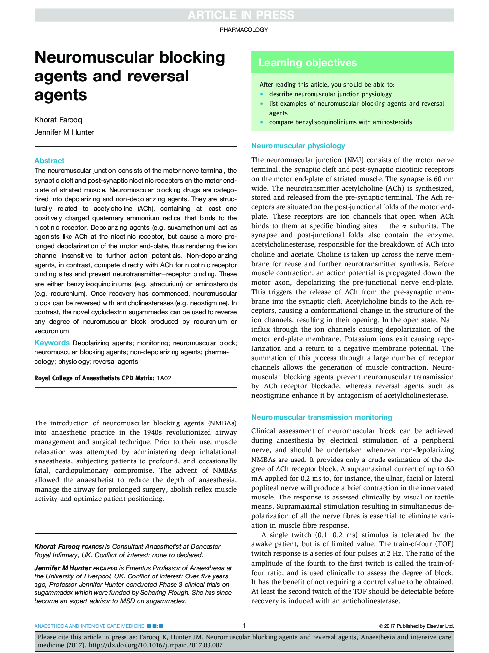 Neuromuscular blocking agents and reversal agents