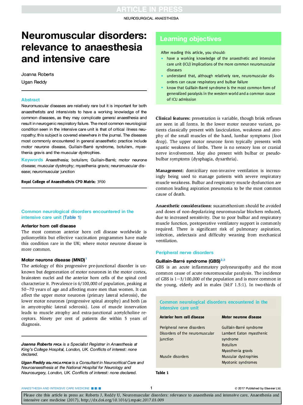 Neuromuscular disorders: relevance to anaesthesia and intensive care