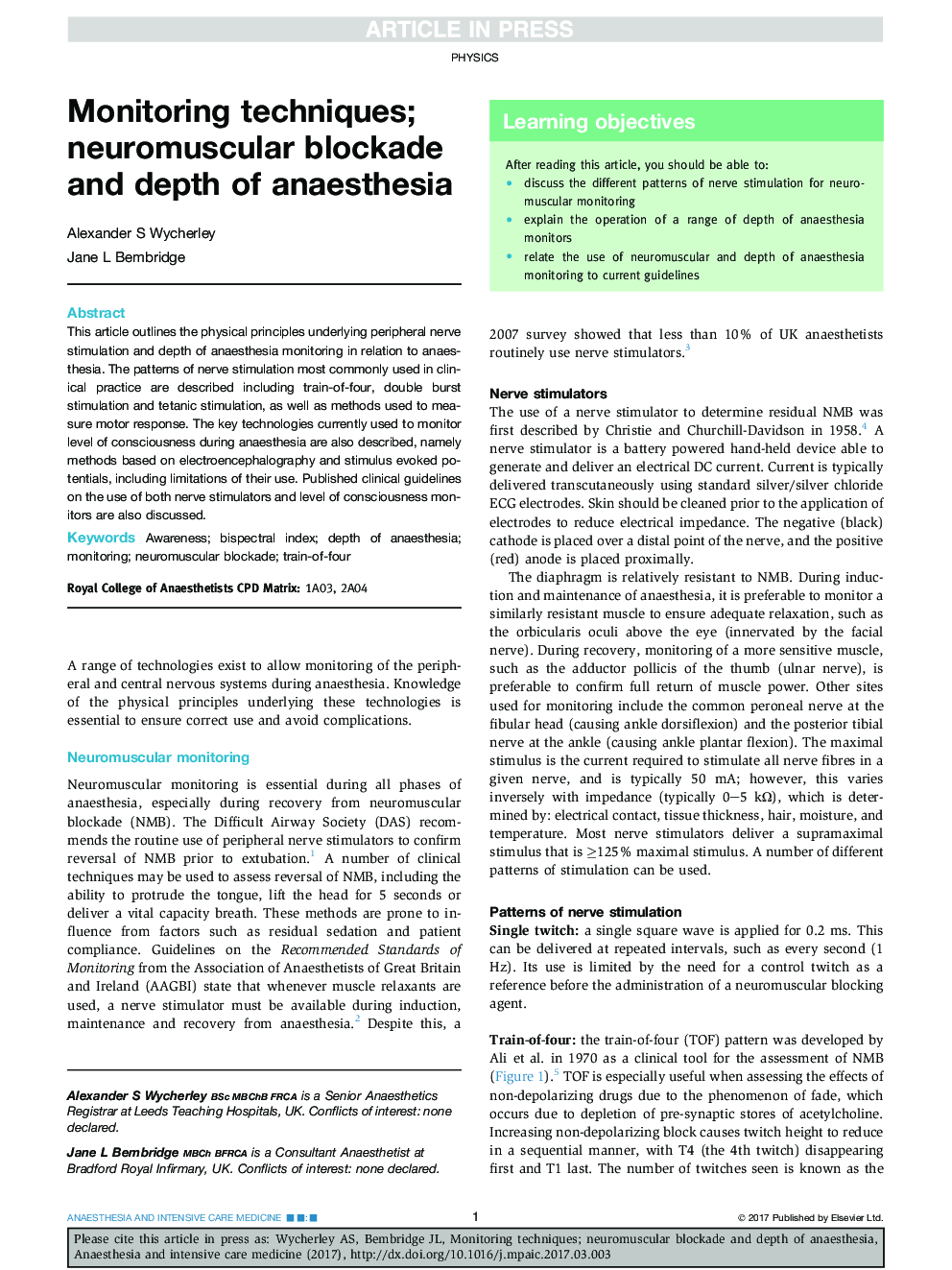 Monitoring techniques; neuromuscular blockade and depth of anaesthesia