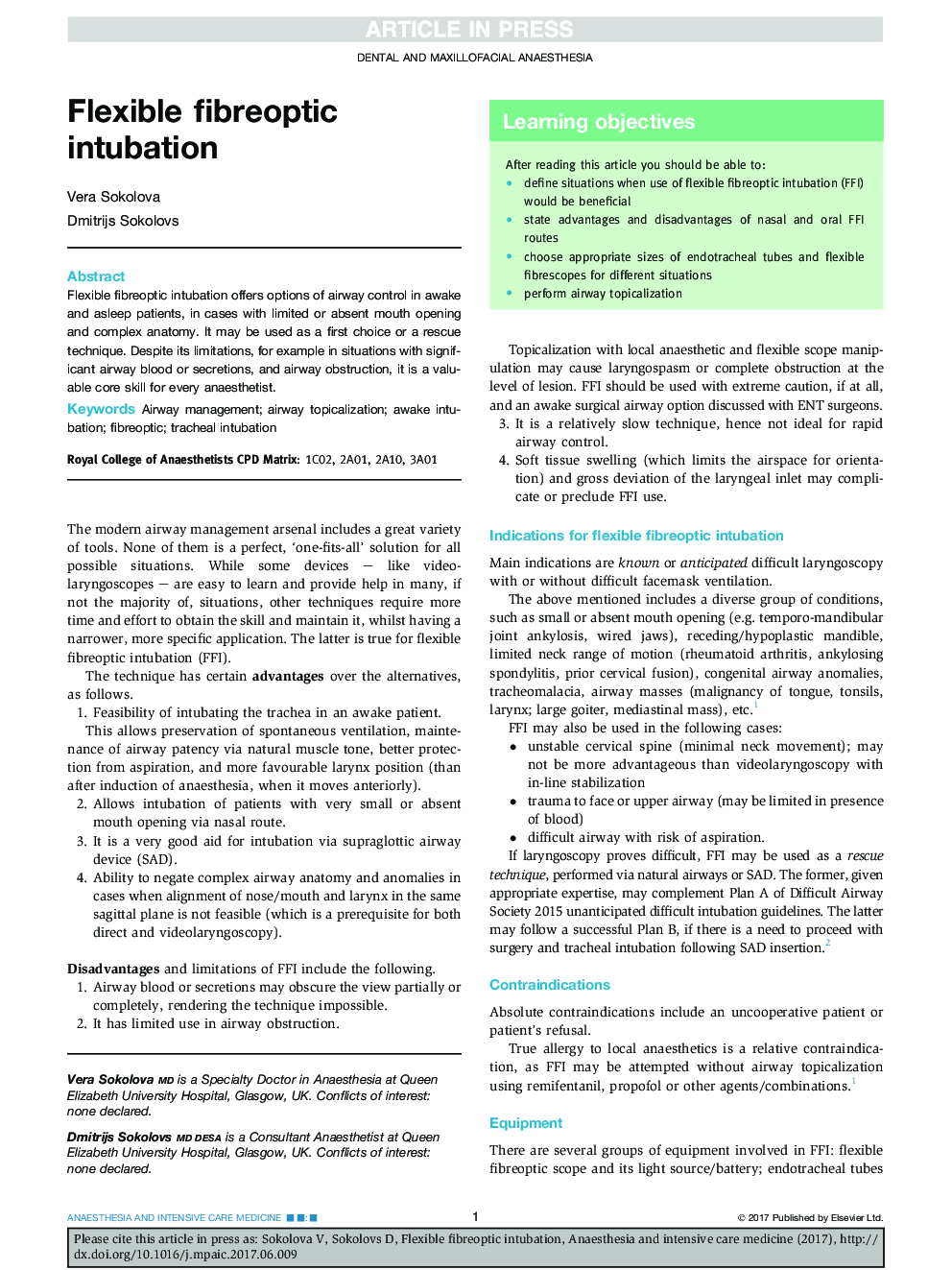 Flexible fibreoptic intubation