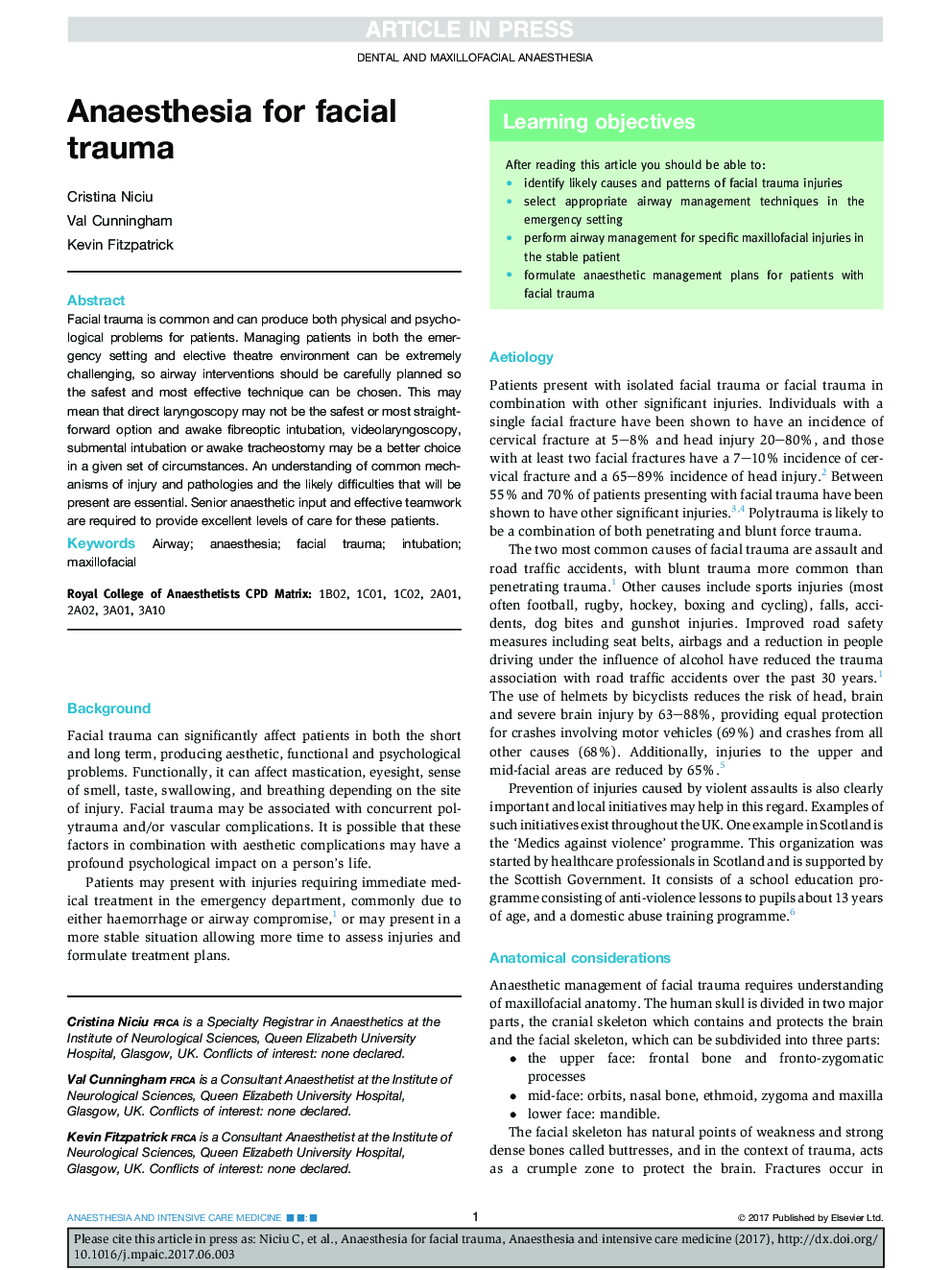 Anaesthesia for facial trauma