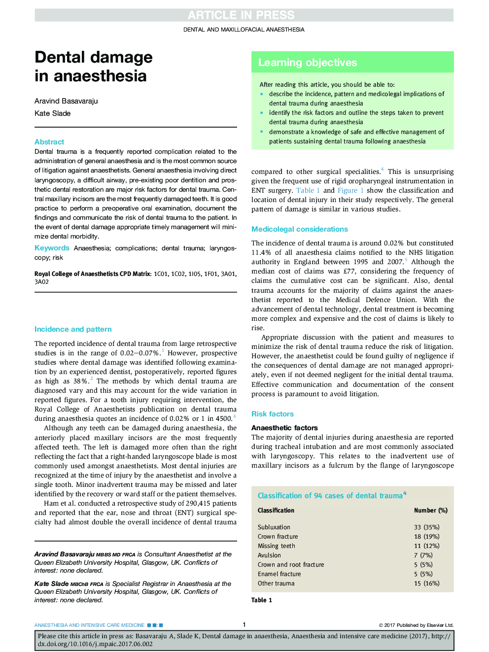 Dental damage in anaesthesia