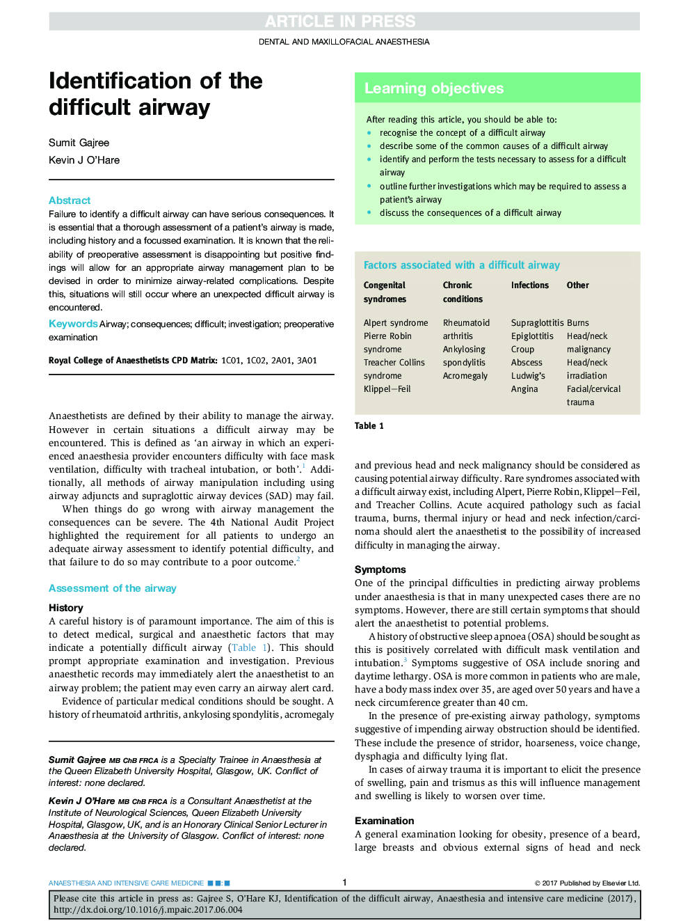 Identification of the difficult airway