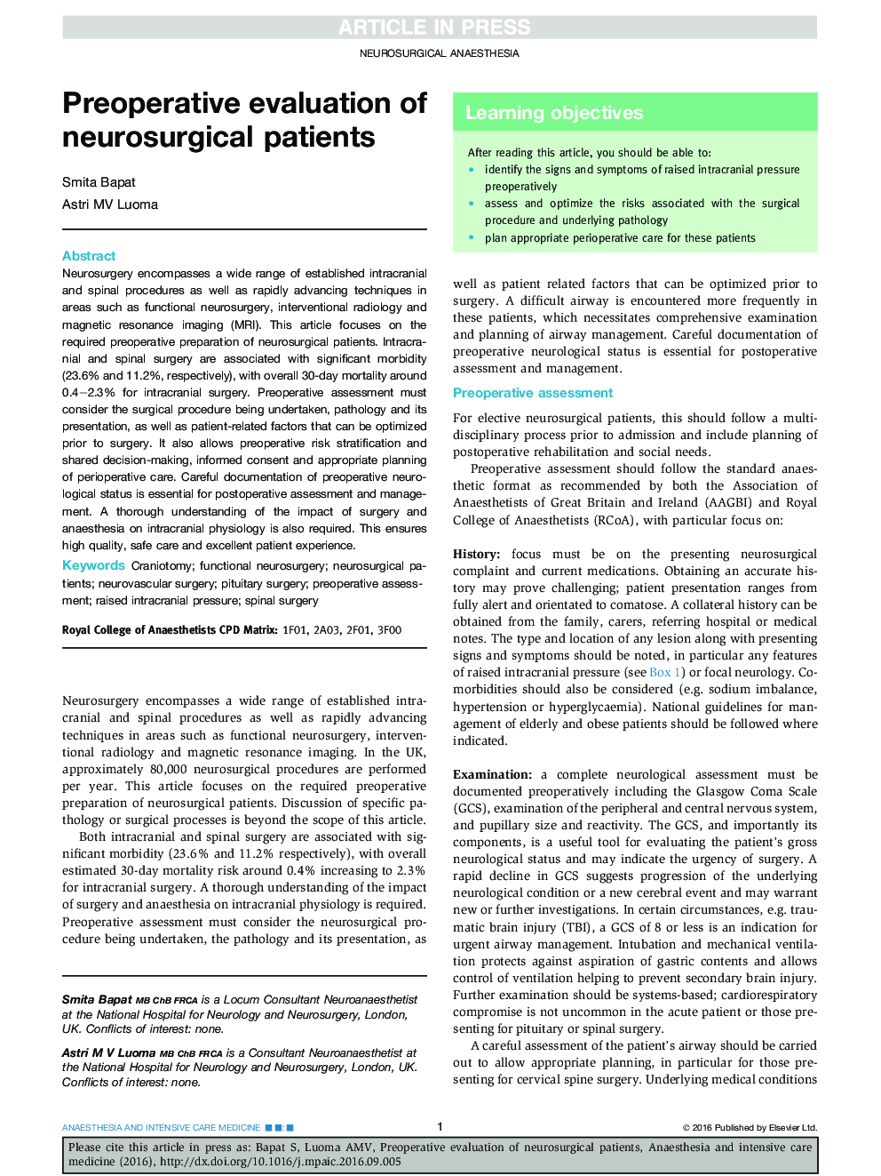 Preoperative evaluation of neurosurgical patients