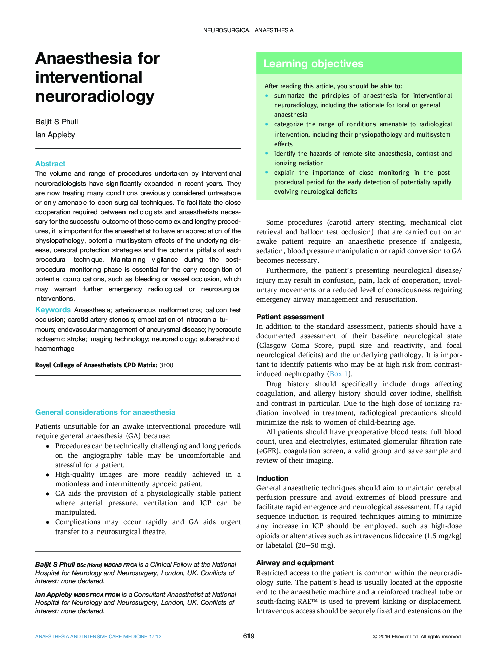 Anaesthesia for interventional neuroradiology