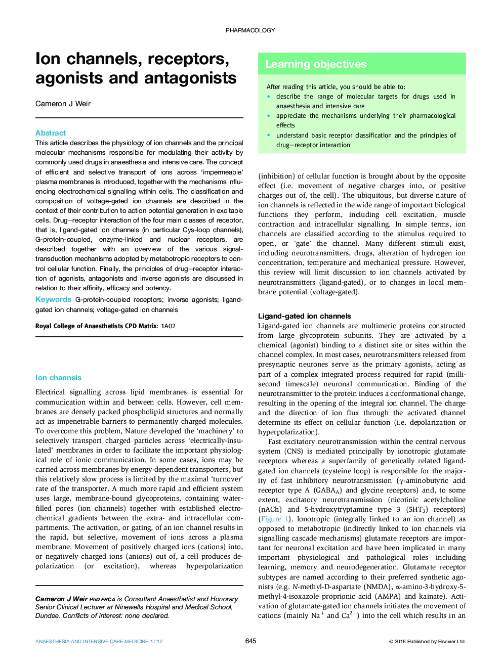 PharmacologyIon channels, receptors, agonists and antagonists