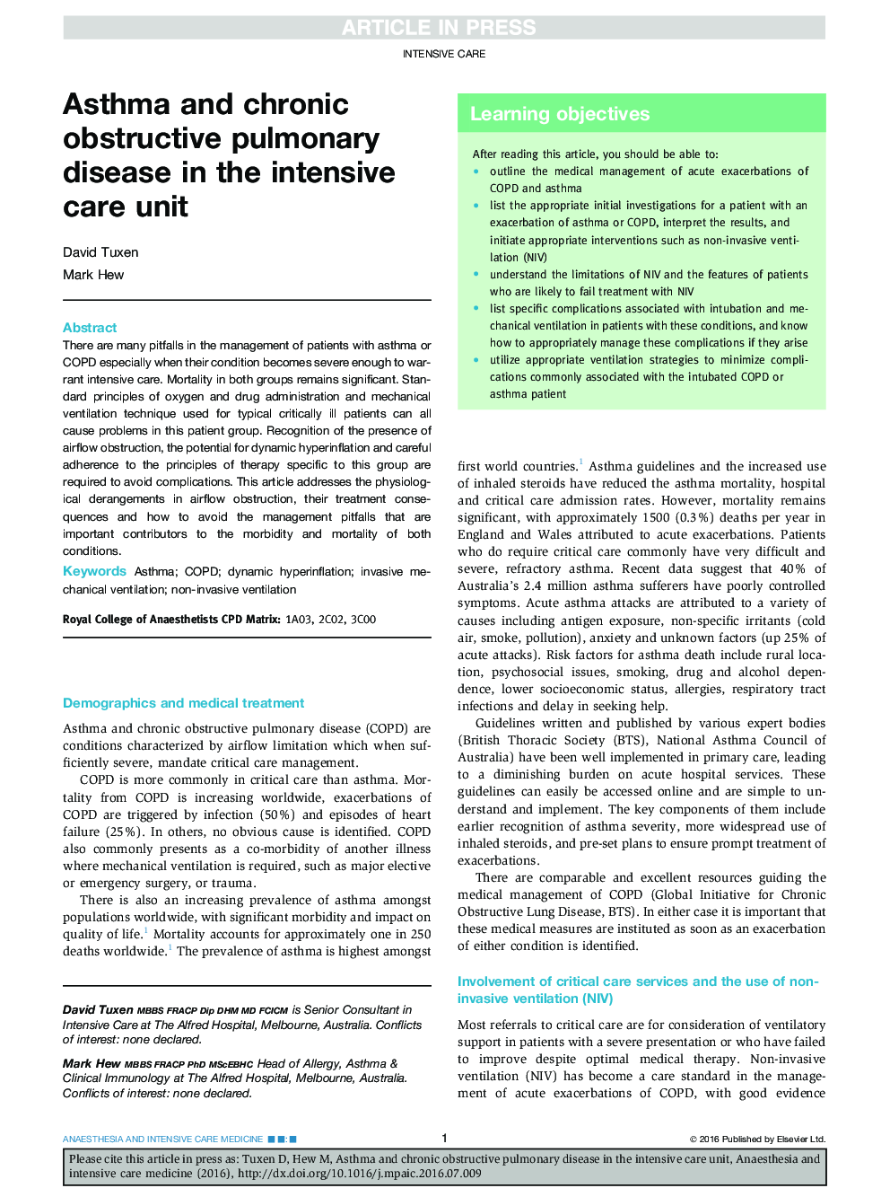 Asthma and chronic obstructive pulmonary disease in the intensive care unit