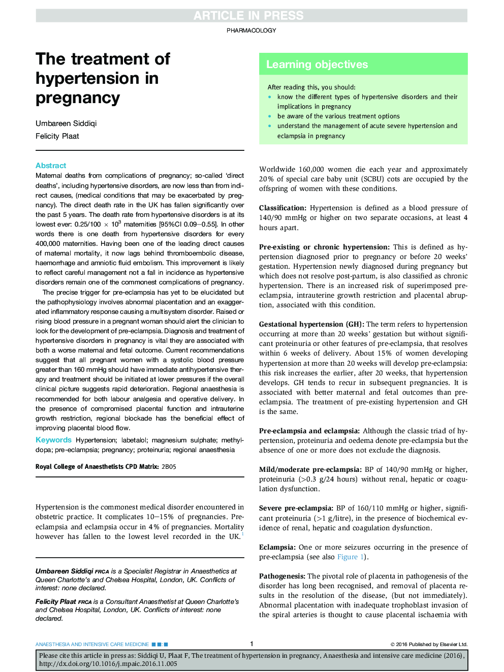 The treatment of hypertension in pregnancy