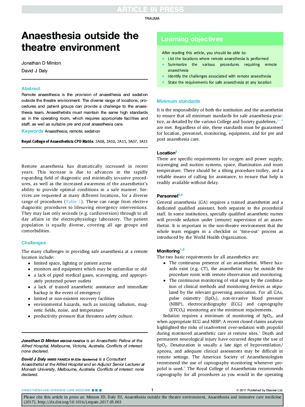 Anaesthesia outside the theatre environment