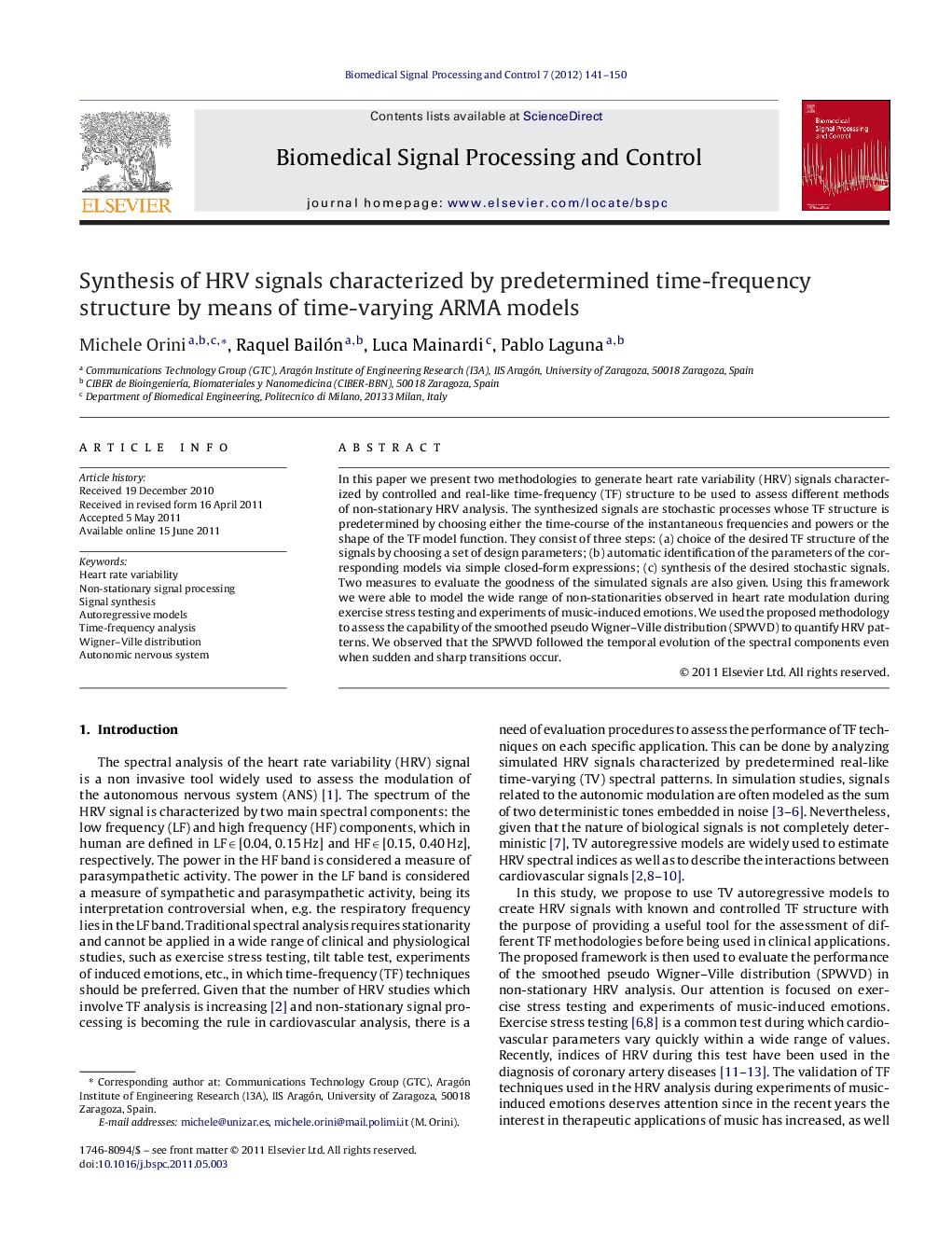 Synthesis of HRV signals characterized by predetermined time-frequency structure by means of time-varying ARMA models