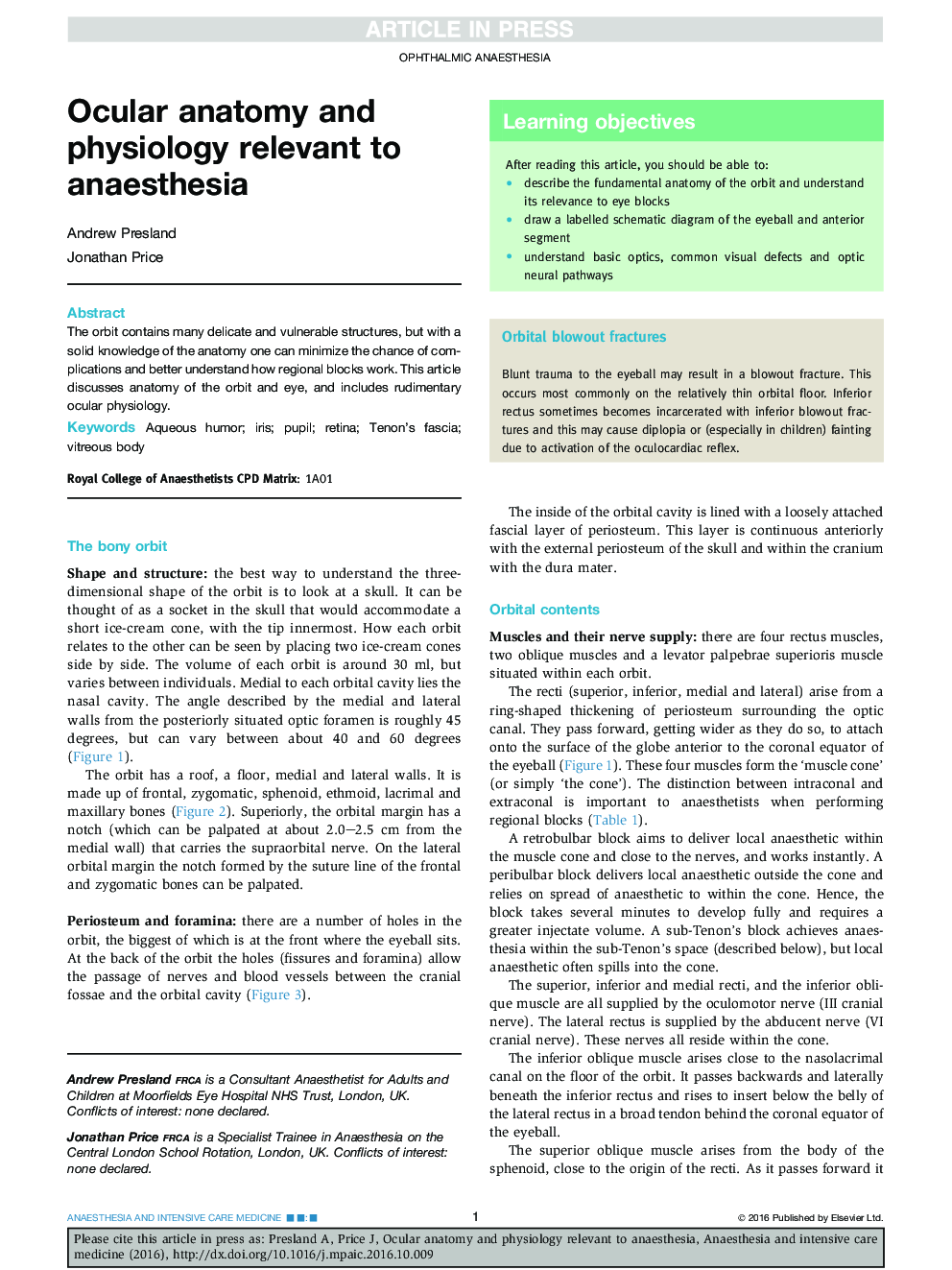 Ocular anatomy and physiology relevant to anaesthesia