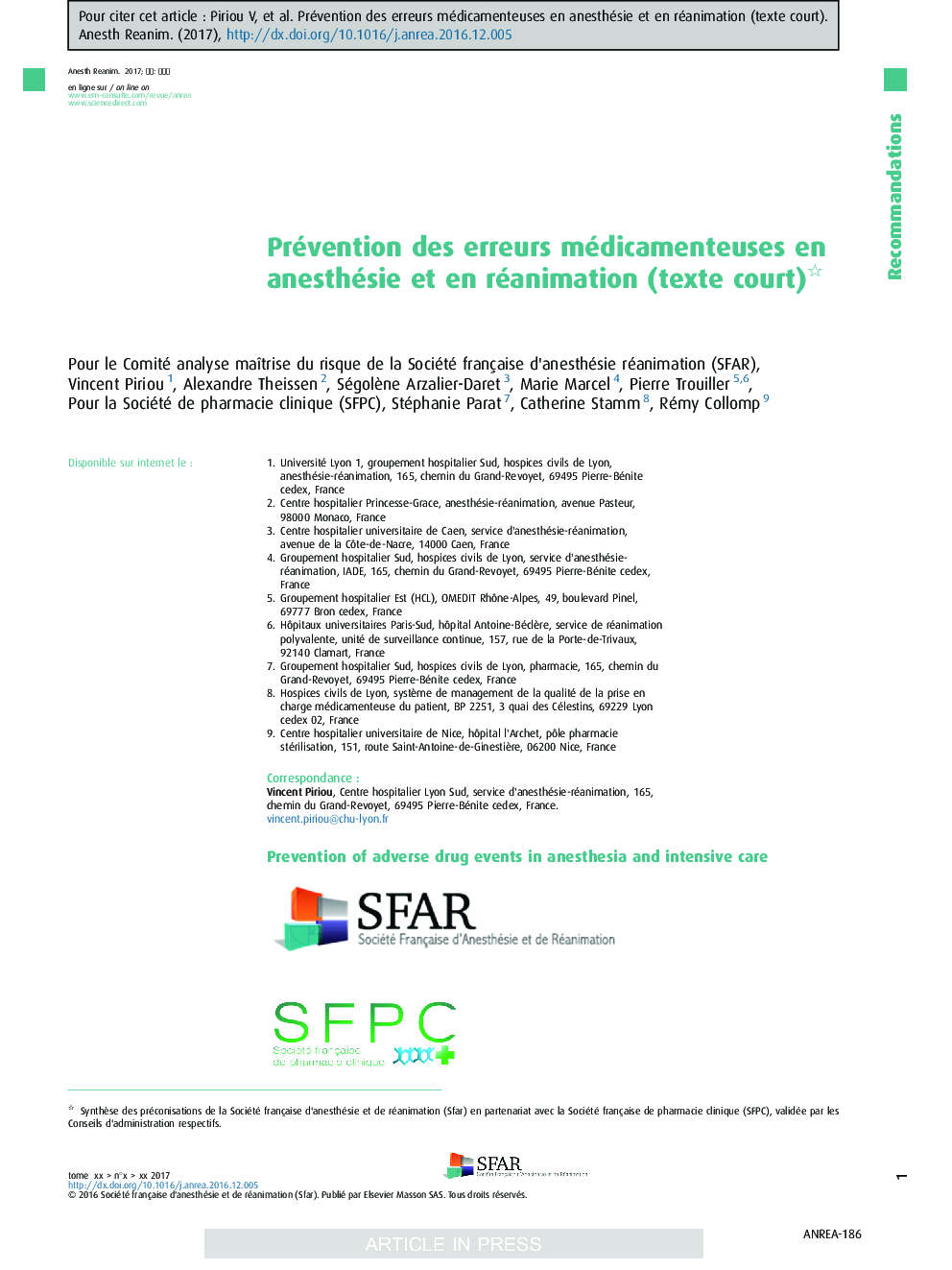 عکس صفحه اول مقاله: Prévention des erreurs médicamenteuses en anesthésie et en réanimation (texte court) Prévention des erreurs médicamenteuses en anesthésie et en réanimation (texte court)