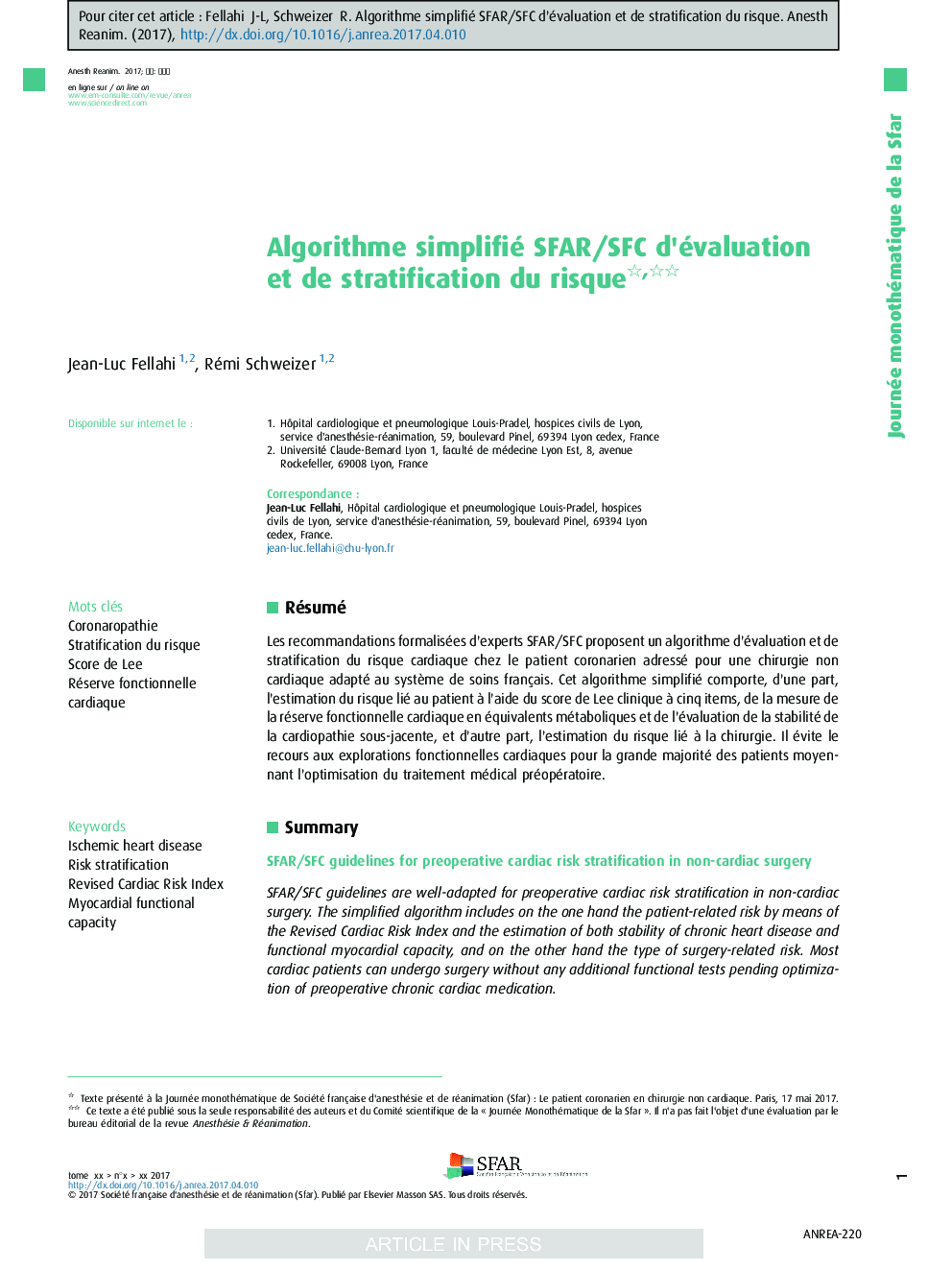 Algorithme simplifié SFAR/SFC d'évaluation et de stratification du risque