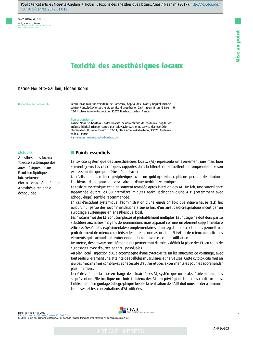 Toxicité des anesthésiques locaux